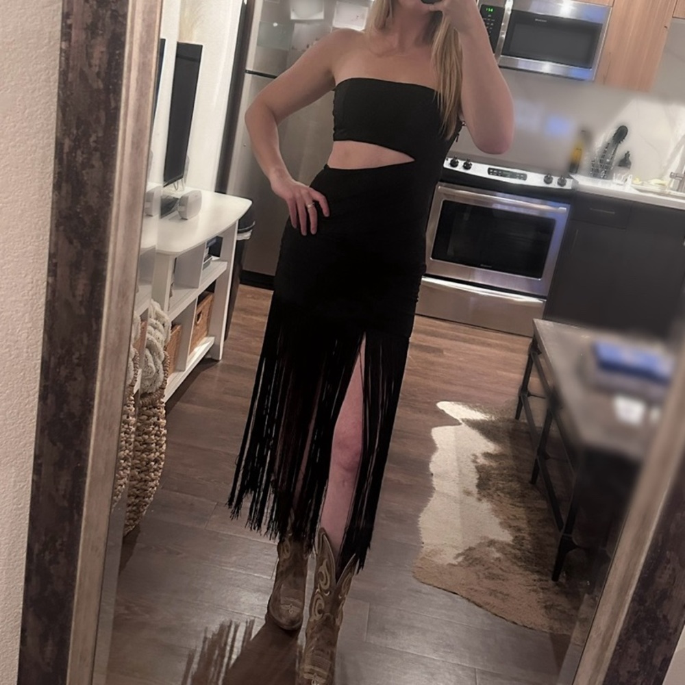 12th Tribe - Cara Black Strapless Fringe Dress